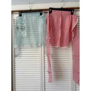 Vintage‎ Apron Lot of 2 Kitchen Half Apron Lace Trim Pink Blue Embroidered